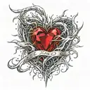 Crystal Deep Red Heart, The word Ruby in gold underneath, intricate silver thorns twisting around. tattoo design idea