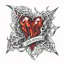 Crystal Deep Red Heart, The word Ruby in gold underneath, intricate silver thorns twisting around. tattoo design idea