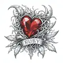 Crystal Deep Red Heart, The word Ruby in gold underneath, intricate silver thorns twisting around. tattoo design idea