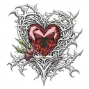 Crystal Deep Red Heart, The word Ruby in gold underneath, intricate silver thorns twisting around. tattoo design idea