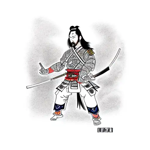 A traditional-style tattoo showcasing a samurai warrior engaged in combat, capturing the spirit of Miyamoto Musashi's teachings on martial arts tattoo design idea