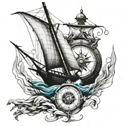 aquatic theme with greek god sail boat and compass   tattoo design idea