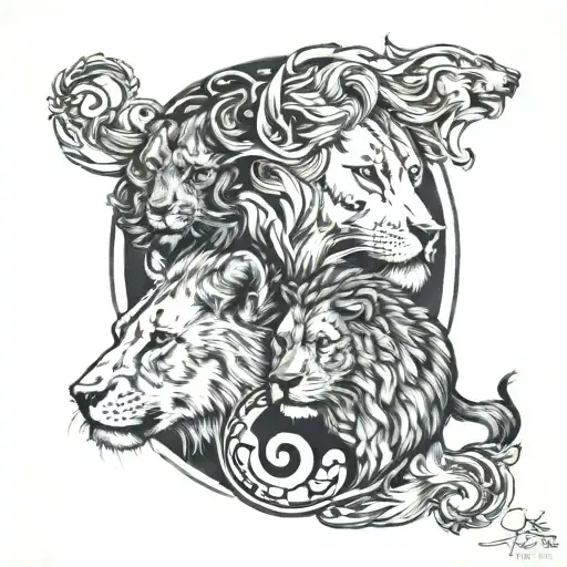 A lion and wolf intertwined in a yin-yang symbol, representing balance and harmony between the client's favorite animals tattoo design idea