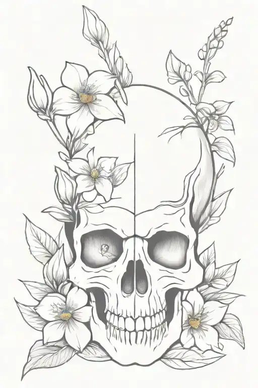 skull with flowers - daffodil, daisy, lily of the valley, rose, morning glory tattoo design idea