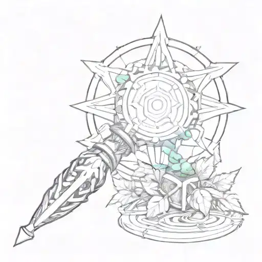 The mage staff from final fantasy x with the leaves from animal crossing swirling around it, and a pokeball below tattoo design idea