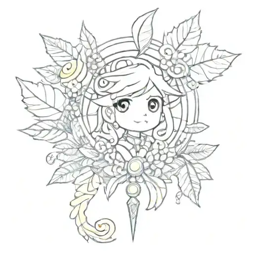 The staff of Yuna from final fantasy with the leaves from animal crossing swirling around it, and a pokeball below tattoo design idea