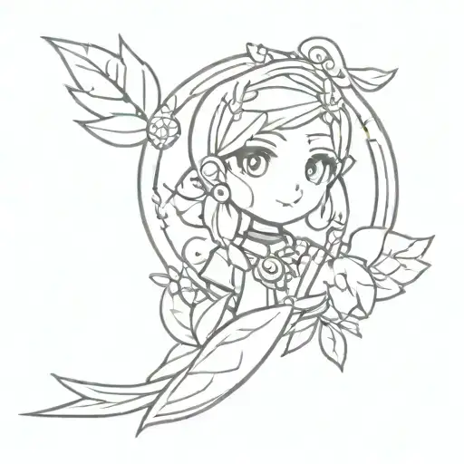 The staff of Yuna from final fantasy with the leaves from animal crossing swirling around it, and a pokeball below tattoo design idea