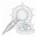 The mage staff from final fantasy x with the leaves from animal crossing swirling around it, and a pokeball below tattoo design idea