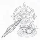 The mage staff from final fantasy x with the leaves from animal crossing swirling around it, and a pokeball below tattoo design idea
