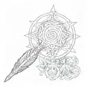 The mage staff from final fantasy x with the leaves from animal crossing swirling around it, and a pokeball below tattoo design idea