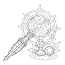 The mage staff from final fantasy x with the leaves from animal crossing swirling around it, and a pokeball below tattoo design idea