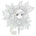 The staff of Yuna from final fantasy with the leaves from animal crossing swirling around it, and a pokeball below tattoo design idea