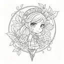 The staff of Yuna from final fantasy with the leaves from animal crossing swirling around it, and a pokeball below tattoo design idea