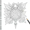 The staff of Yuna from final fantasy with the leaves from animal crossing swirling around it, and a pokeball below tattoo design idea