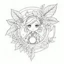 The staff of Yuna from final fantasy with the leaves from animal crossing swirling around it, and a pokeball below tattoo design idea