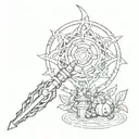 The mage staff from final fantasy x with the leaves from animal crossing swirling around it, and a pokeball below tattoo design idea