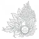 The mage staff from final fantasy x with the leaves from animal crossing swirling around it, and a pokeball below tattoo design idea