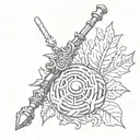 The mage staff from final fantasy x with the leaves from animal crossing swirling around it, and a pokeball below tattoo design idea