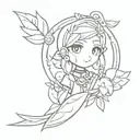 The staff of Yuna from final fantasy with the leaves from animal crossing swirling around it, and a pokeball below tattoo design idea