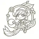 The staff of Yuna from final fantasy with the leaves from animal crossing swirling around it, and a pokeball below tattoo design idea