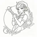 The staff of Yuna from final fantasy with the leaves from animal crossing swirling around it, and a pokeball below tattoo design idea
