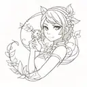 The staff of Yuna from final fantasy with the leaves from animal crossing swirling around it, and a pokeball below tattoo design idea