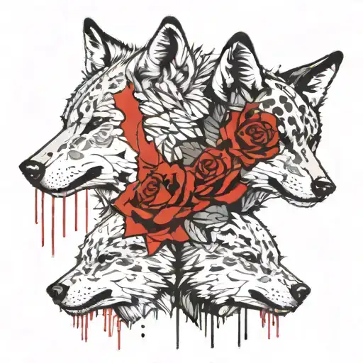 A wolf and a fox, the wolf has a bone mask on his face from another animal holding on his mouth a red rose.  tattoo design idea