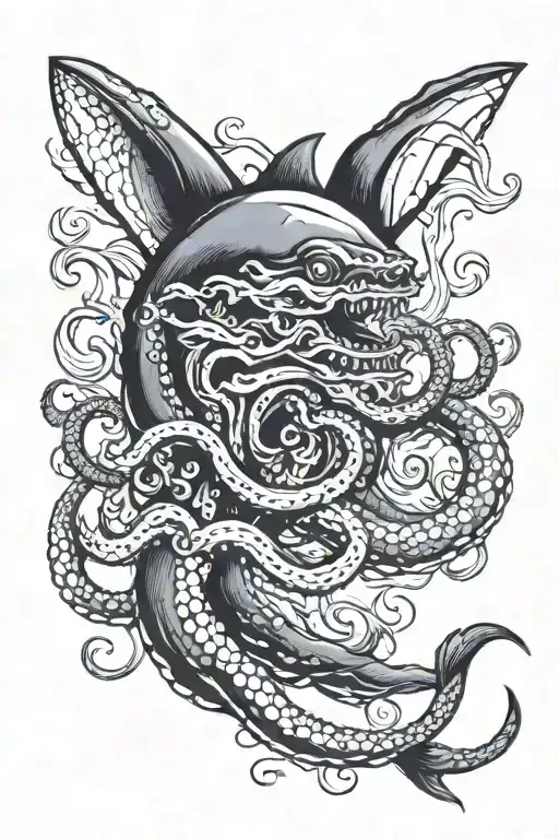 Octopus and shark fighting with Poseidon's face in background tattoo design idea