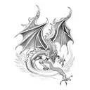 medieval Dragon flying through flames tattoo design idea