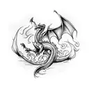 medieval Dragon flying through flames tattoo design idea