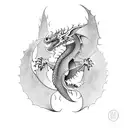 medieval Dragon flying through flames tattoo design idea