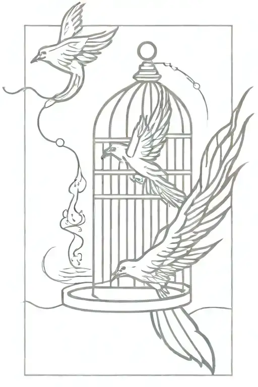 open bird cage with smoldering coals with small pheonix flying out  tattoo design idea