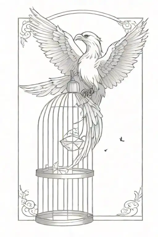 small pheonix flying out of a bird cage with an open door tattoo design idea