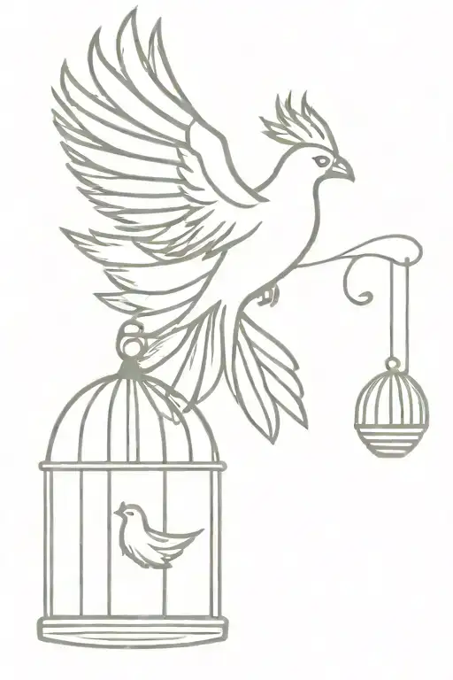 small pheonix flying out of a bird cage  tattoo design idea