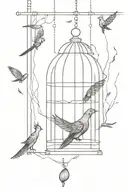 open bird cage with smoldering coals with small pheonix flying out  tattoo design idea