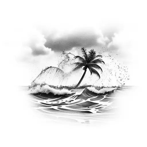 A black-grey tattoo of a beach scene with palm trees and waves, capturing the client's fondness for the beach tattoo design idea
