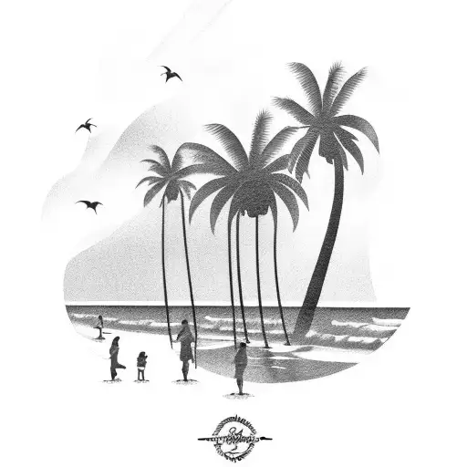 A black-grey tattoo of a beach scene with palm trees and waves, capturing the client's fondness for the beach tattoo design idea