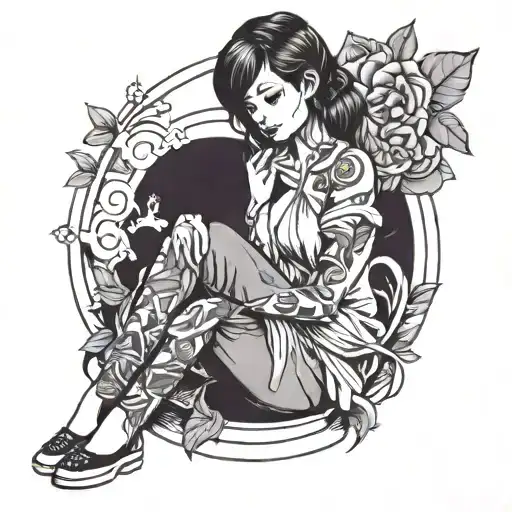 simple girl sitting alone tattoo design idea