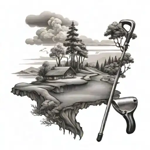 Design a black-grey tattoo of a golf course landscape with a carpenter's tool hidden in the background tattoo design idea