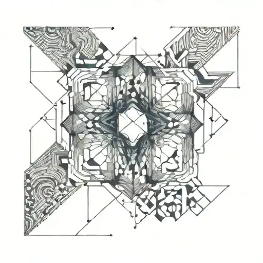 An abstract geometric pattern resembling a blueprint of a carpentry project, with subtle dotwork shading tattoo design idea