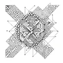 An abstract geometric pattern resembling a blueprint of a carpentry project, with subtle dotwork shading tattoo design idea
