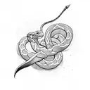 A minimalist design featuring a snake and a sword intersecting tattoo design idea