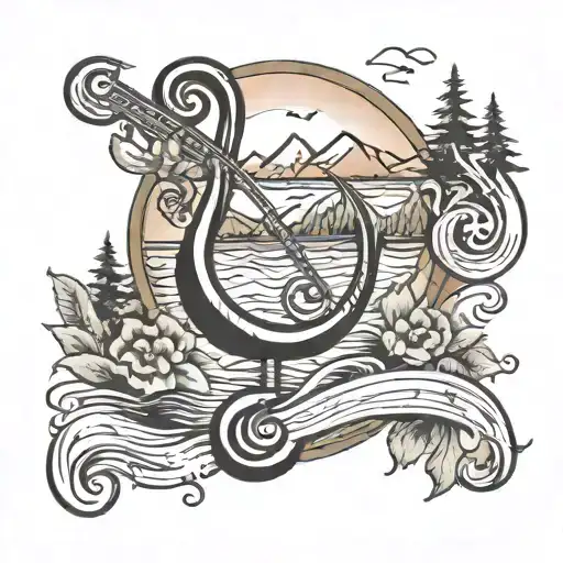 A traditional tattoo of a musical note and a fishing hook combined, surrounded by mountain and waterfall elements, showcasing the client's interests in music, fishing, and nature tattoo design idea