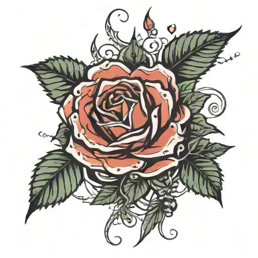 Roses with sharp thorns, dripping mandalas and beads and curving around the stem of a rose a viper  eyes through  leaves tattoo design idea