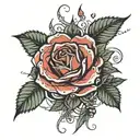 Roses with sharp thorns, dripping mandalas and beads and curving around the stem of a rose a viper  eyes through  leaves tattoo design idea