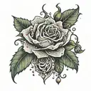 Roses with sharp thorns, dripping mandalas and beads and curving around the stem of a rose a viper  eyes through  leaves tattoo design idea