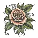 Roses with sharp thorns, dripping mandalas and beads and curving around the stem of a rose a viper  eyes through  leaves tattoo design idea