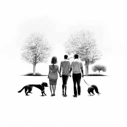 full arm tattoo with: doctor (daddy) married to a housewife (mother) with a daughter, a dog and in the background the se tattoo design idea