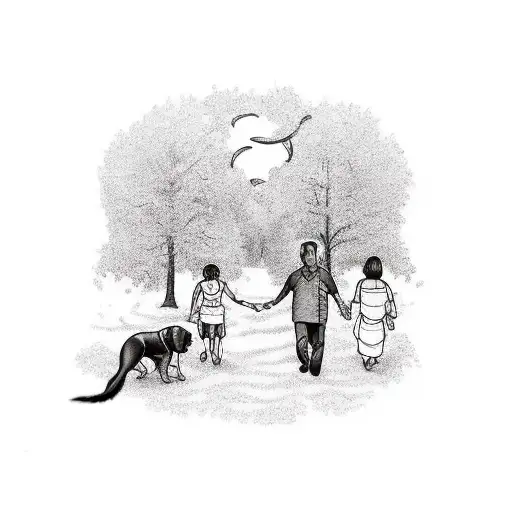 full arm tattoo with: doctor (daddy) married to a housewife (mother) with a daughter, a dog and in the background the se tattoo design idea