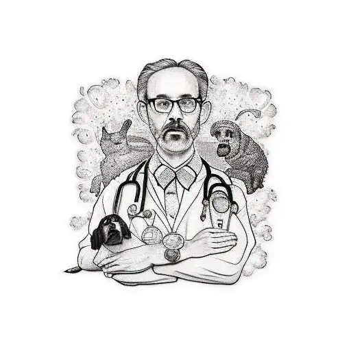 full arm tattoo with: doctor (daddy) married to a housewife (mother) with a daughter, a dog and in the background the se tattoo design idea